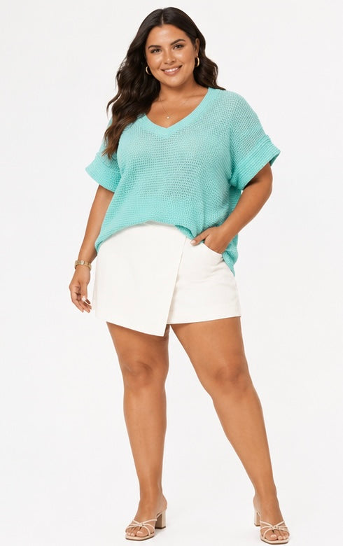 Olivia V-Neck Lightweight Sweater Crochet Knit Top: Aqua