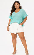 Olivia V-Neck Lightweight Sweater Crochet Knit Top: Aqua