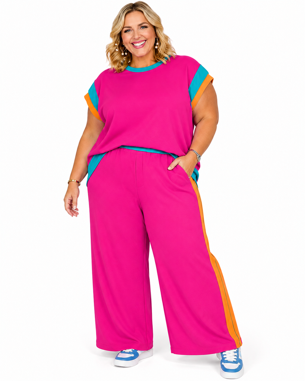Strawberry Pink Color Block Detail Casual Two-piece Set