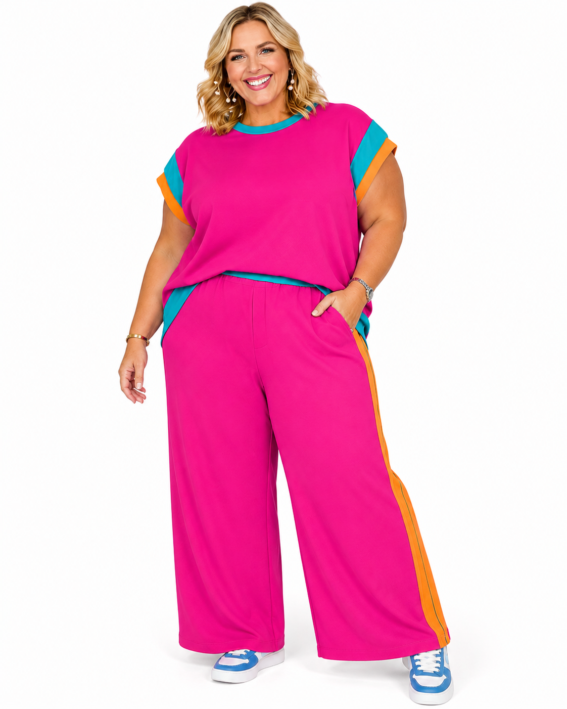 Strawberry Pink Color Block Detail Casual Two-piece Set