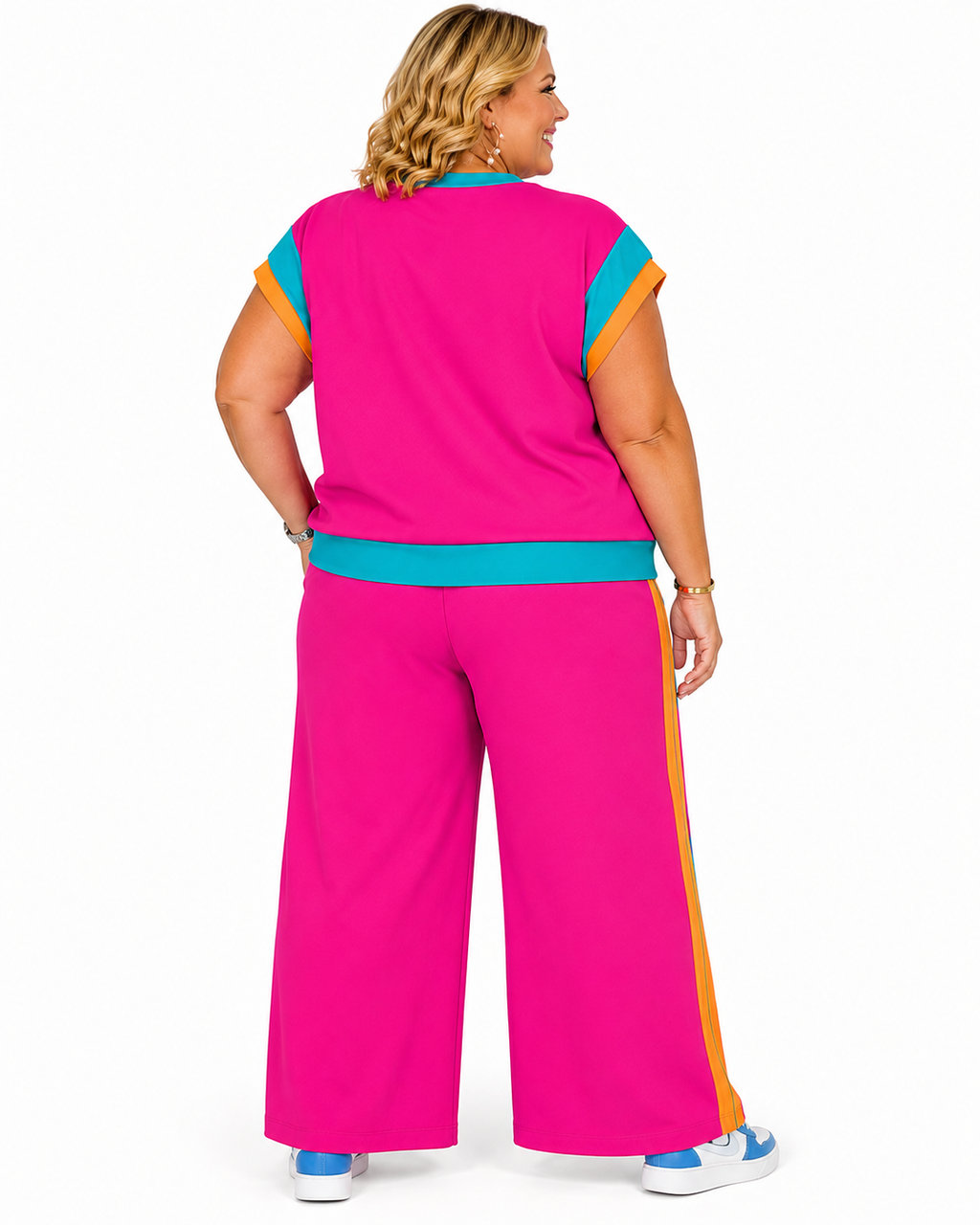 Strawberry Pink Color Block Detail Casual Two-piece Set