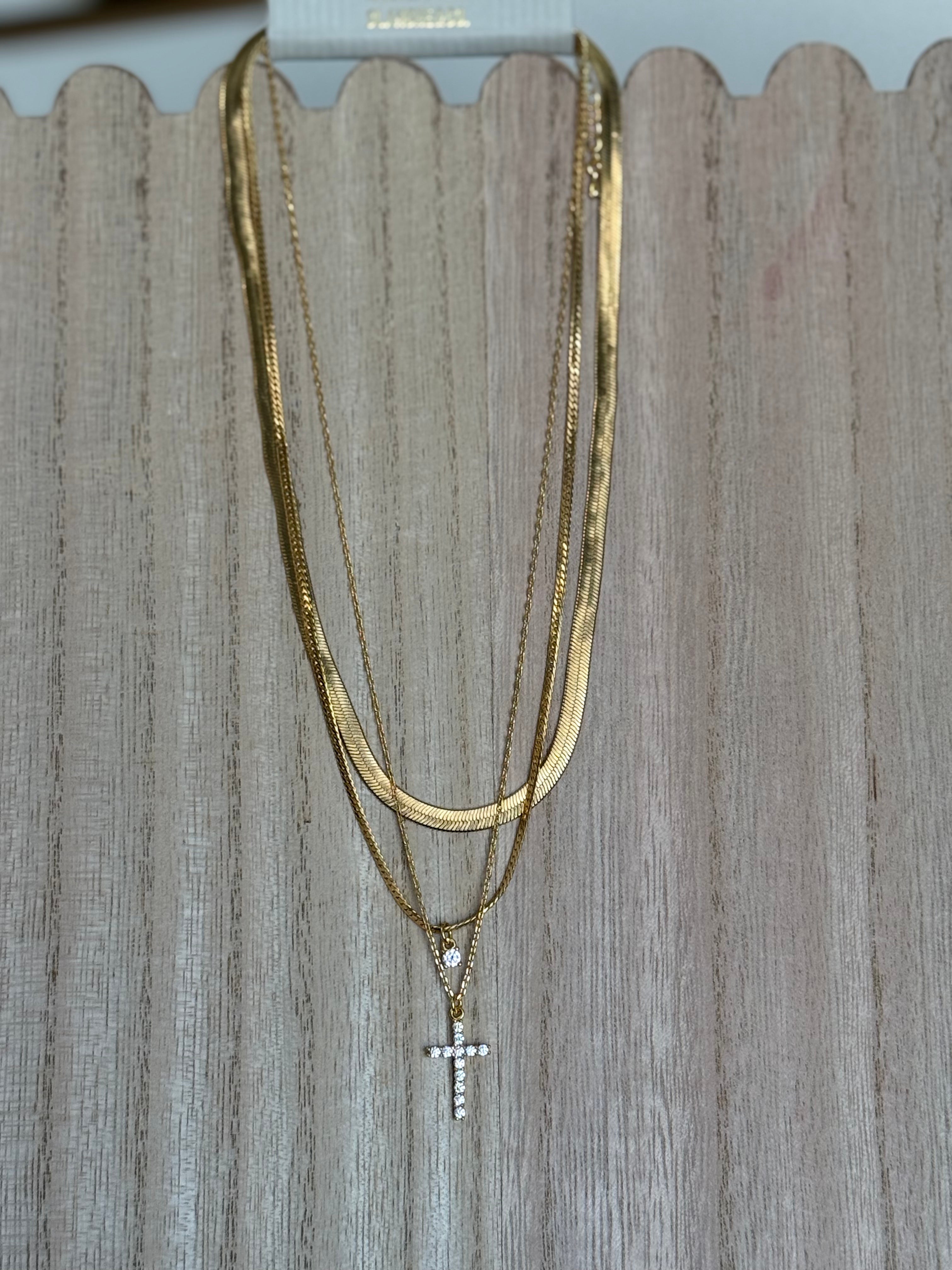 Triple Snake Chain with Rhinestone Cross 16"-18" Necklace