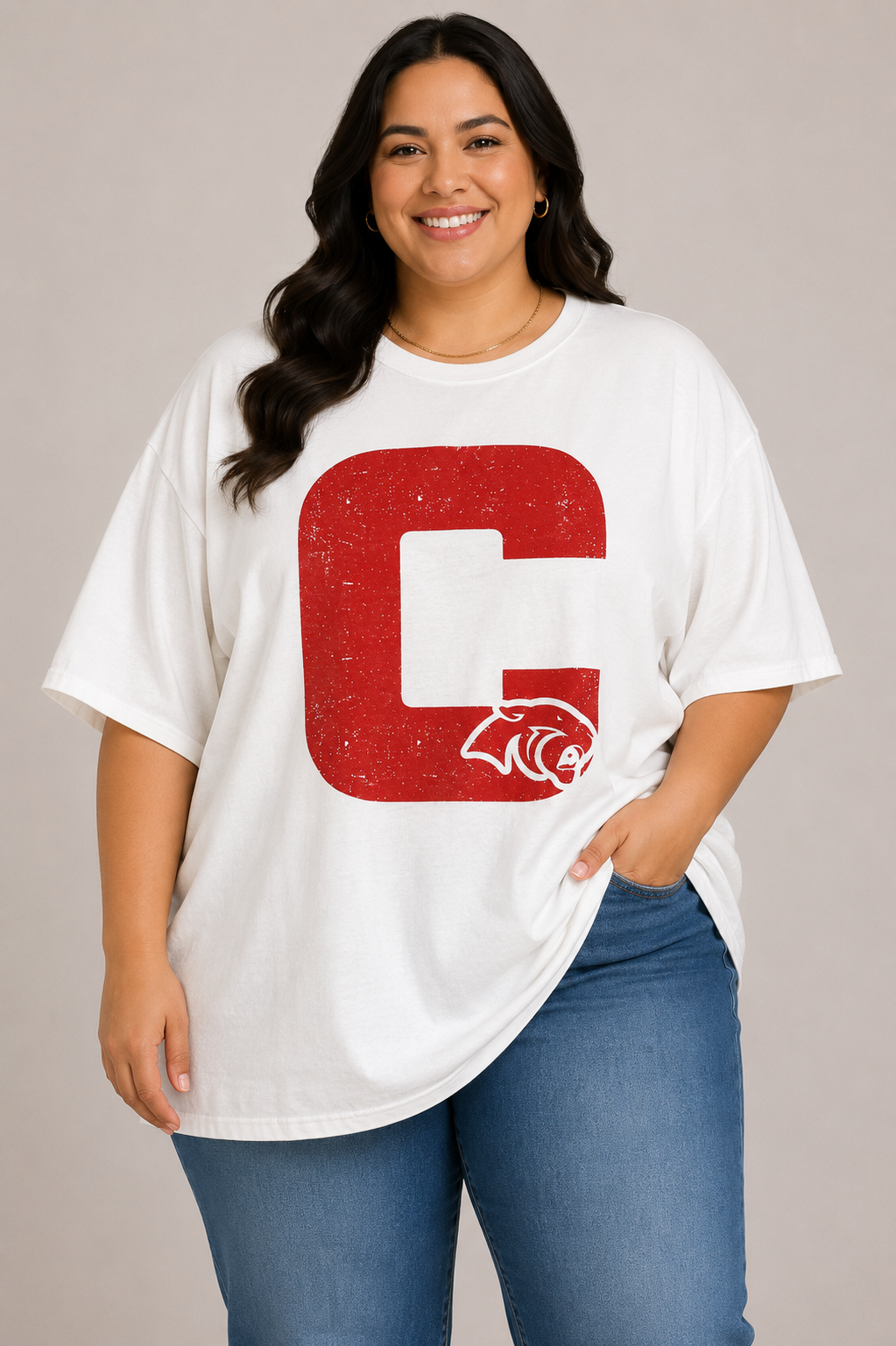 White Tee with Cabot Red C and Panther Cutout