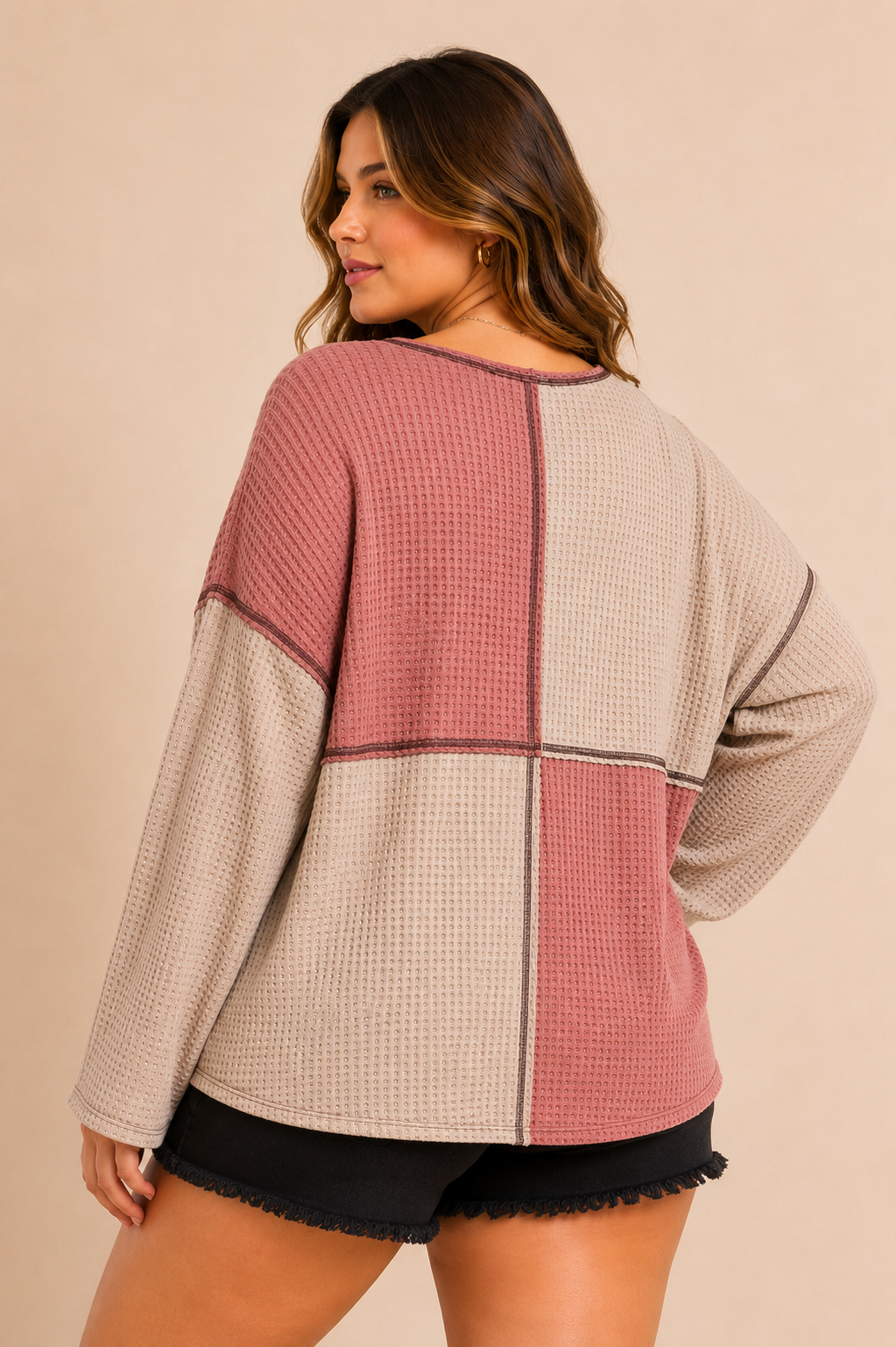 Plus size Color block Waffle Knit Top : BRICK / Plus Size / 2X