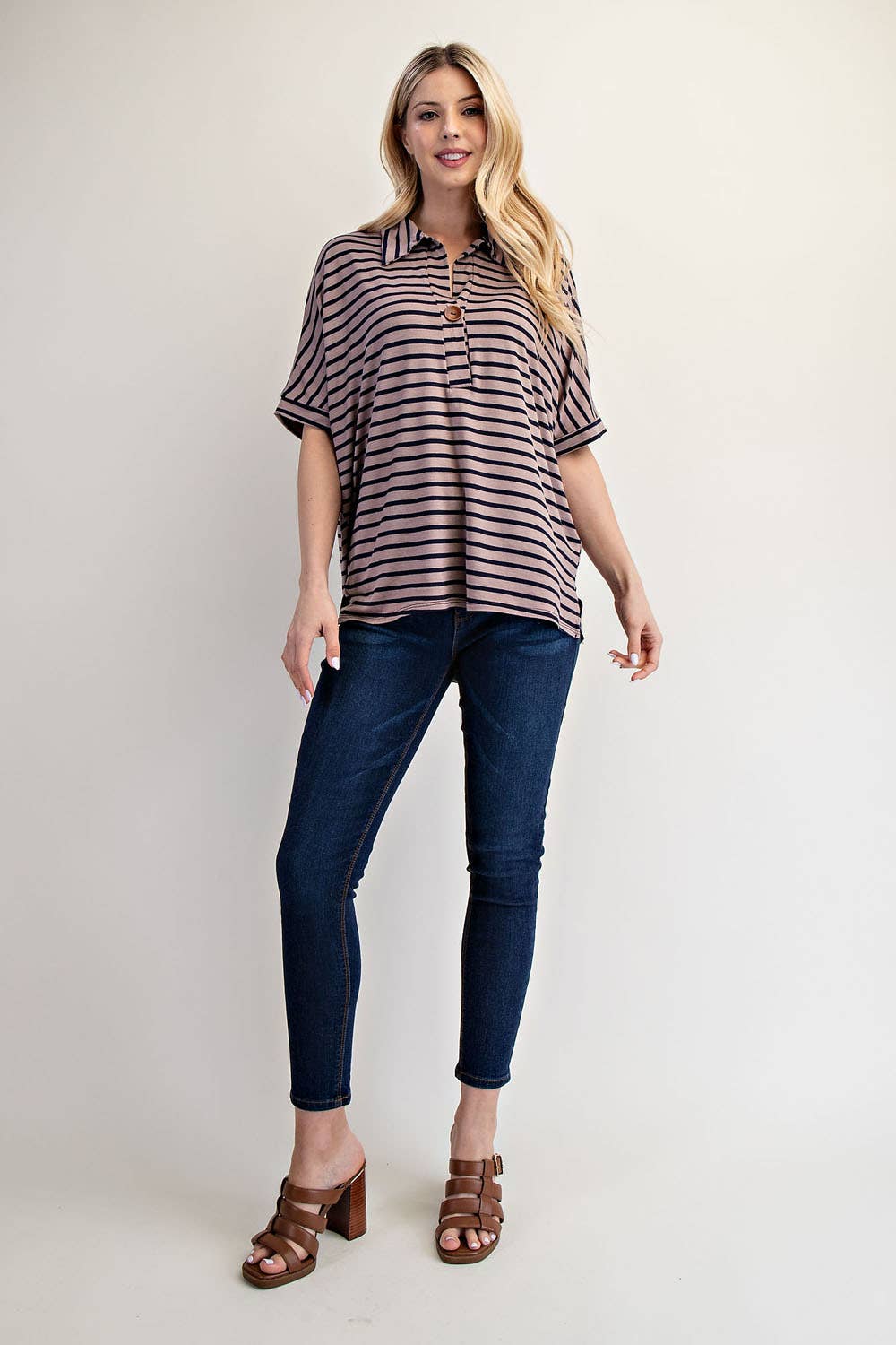 PLUS SIZE STRIPED BUTTON-FRONT COLLARED TOP -CT23913A: Charcoal Stripe / 2XL