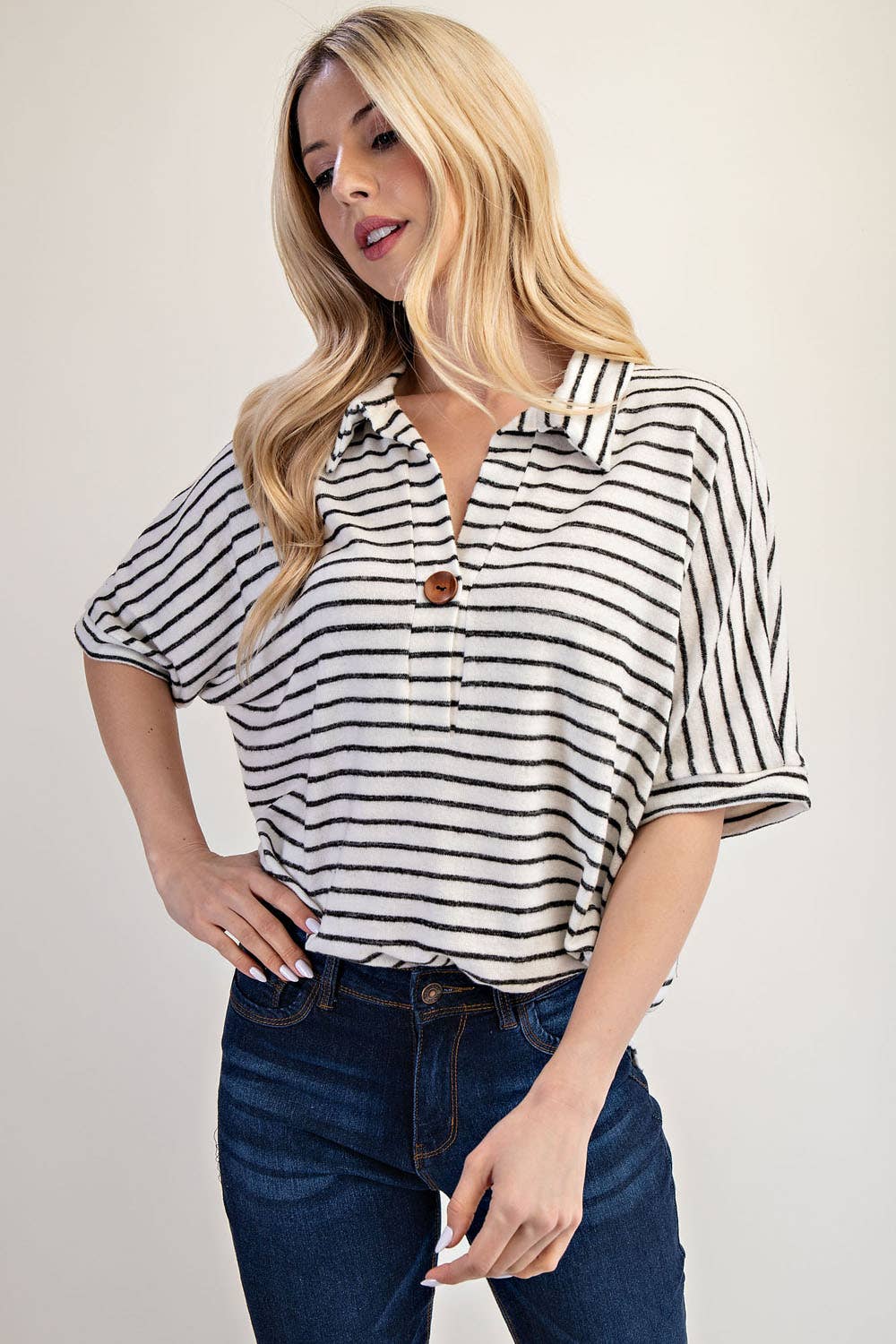 PLUS SIZE STRIPED BUTTON-FRONT COLLARED TOP -CT23913A: Charcoal Stripe / 2XL