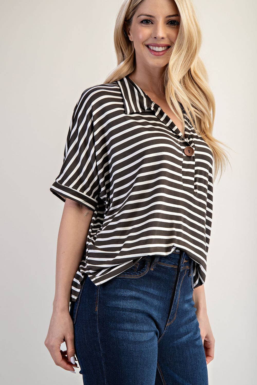 PLUS SIZE STRIPED BUTTON-FRONT COLLARED TOP -CT23913A: Charcoal Stripe / 2XL