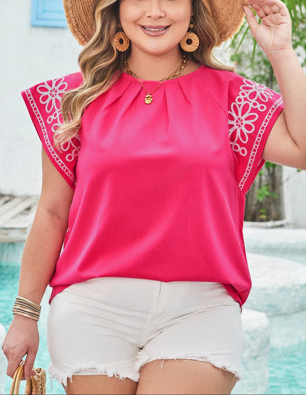 Claire Pink Floral Embroidered Sleeve Blouse