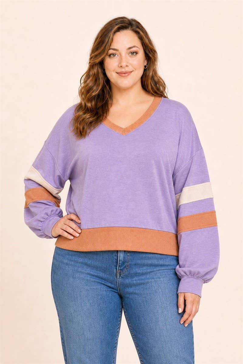 Plus Size Colorblock Stripe V-Neck Knit Pullover: Purple / Plus Size / 2XL