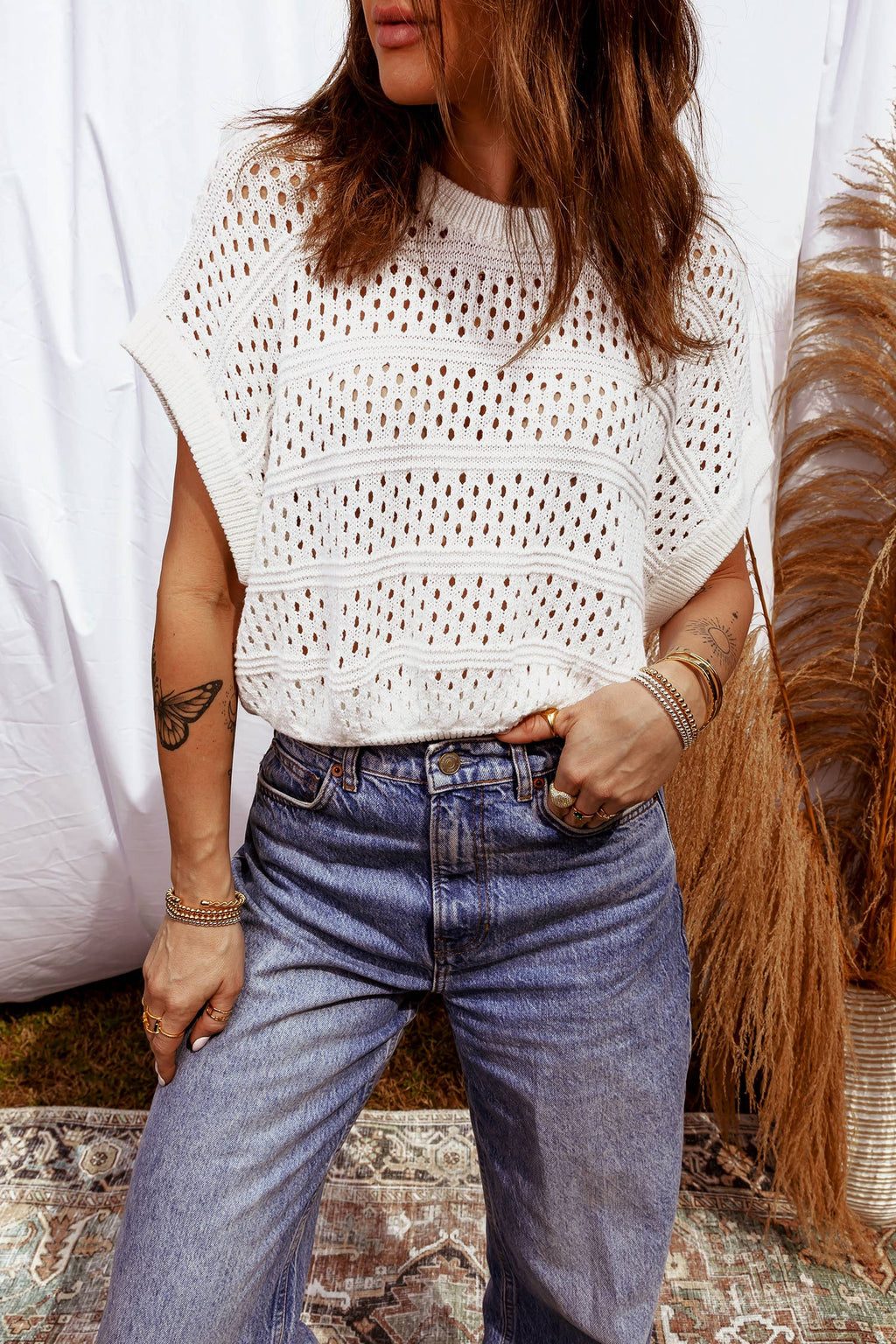 Hollow Out Knit Round Neck Dolman Sweater | S-4X: White / Plus-1X