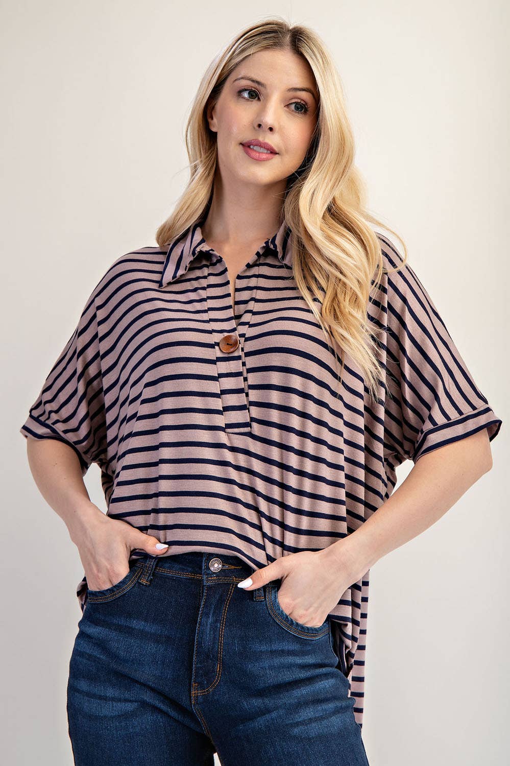 PLUS SIZE STRIPED BUTTON-FRONT COLLARED TOP -CT23913A: Charcoal Stripe / 2XL