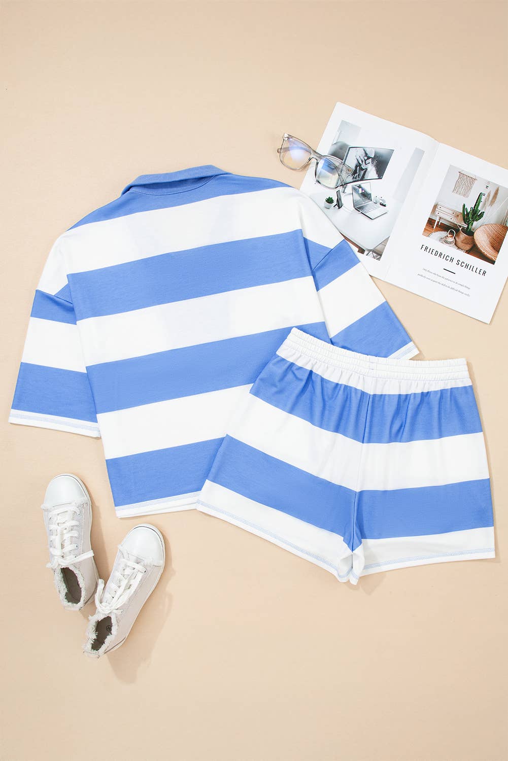 Striped Half Zip Oversize Tee Casual Shorts 2pcs Set | S-4X: Sky Blue Stripe / Plus-3X