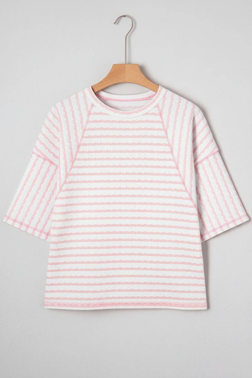 PRETTY BASH Plus Size Stripe Textured 3/4 Sleeve Top: Apricot Stripe / 4X