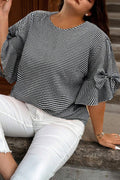 Black Plus Size Plaid Bow Decor Bell Sleeve Round Neck Jumper