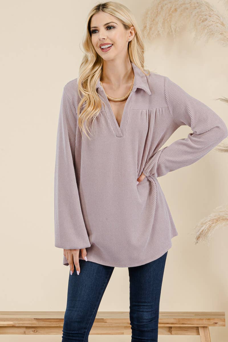 WOMEN'S PLUS SIZE CLASSIC V-NECK  RIB LONG SLEEVE TOP : Green / 3XL