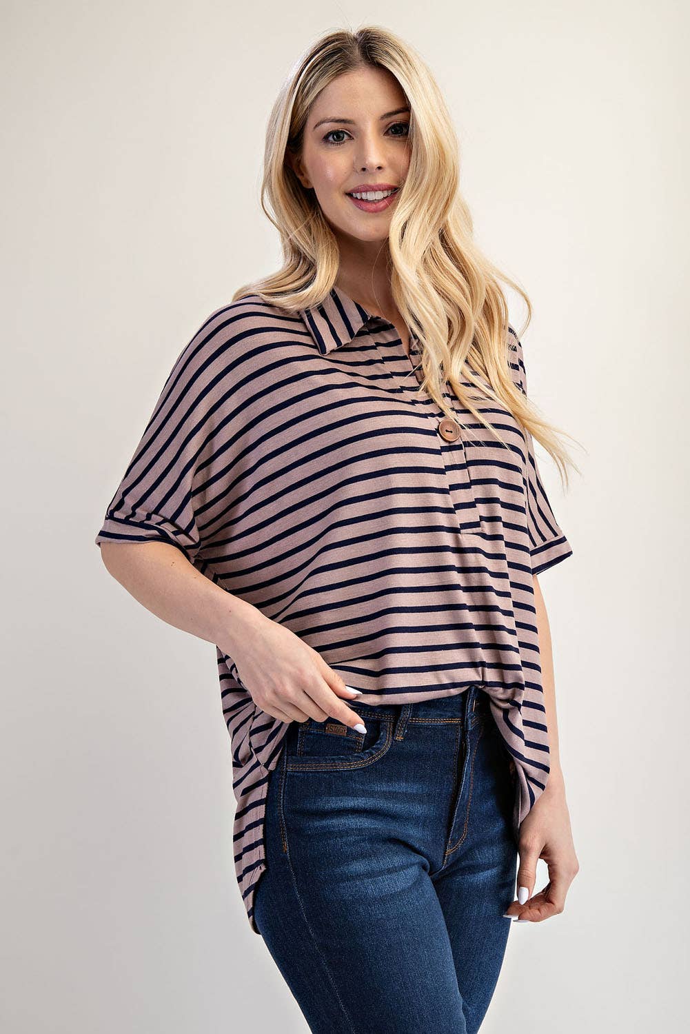PLUS SIZE STRIPED BUTTON-FRONT COLLARED TOP -CT23913A: Charcoal Stripe / 3XL
