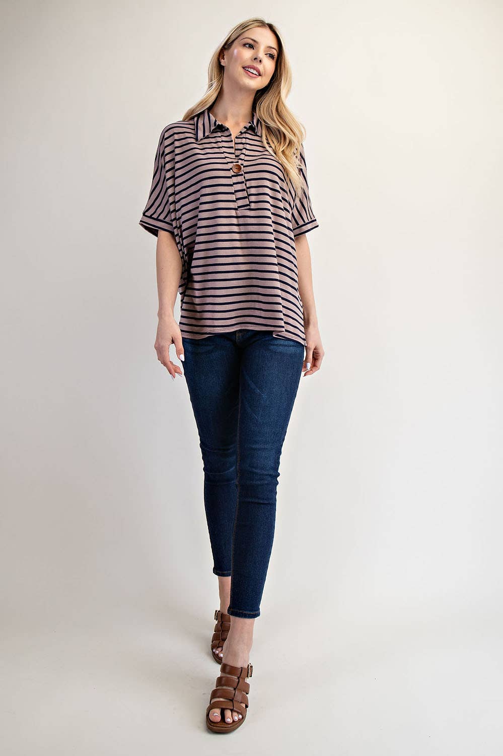PLUS SIZE STRIPED BUTTON-FRONT COLLARED TOP -CT23913A: Charcoal Stripe / 2XL