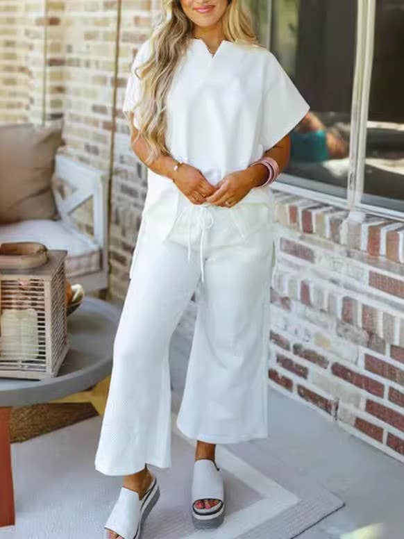 Comfy Stylish Textured V-Neck Top Wide-Leg Pant Set: White / 2XL