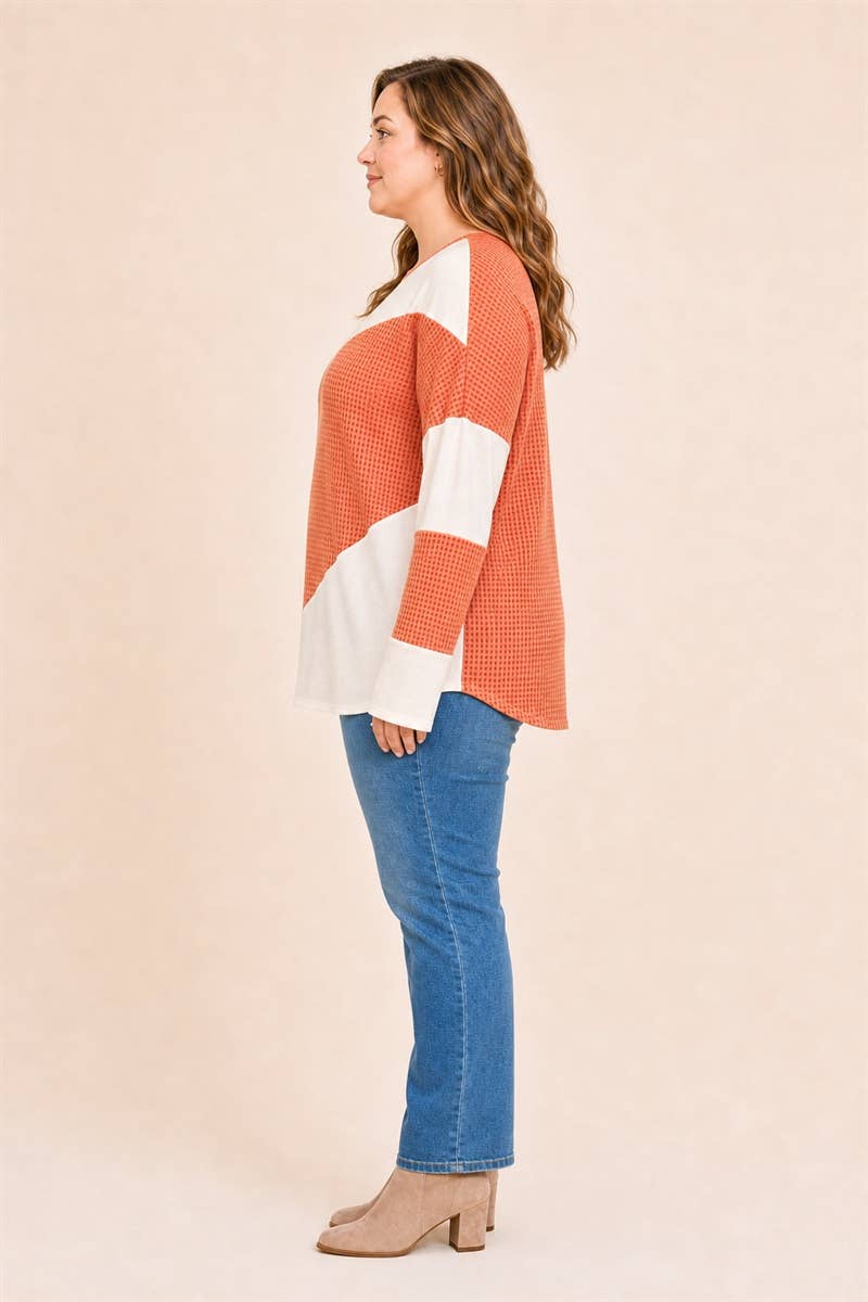 Women's Plus Size Waffle Colorblock Tunic Top : Orange / Plus Size / 2XL