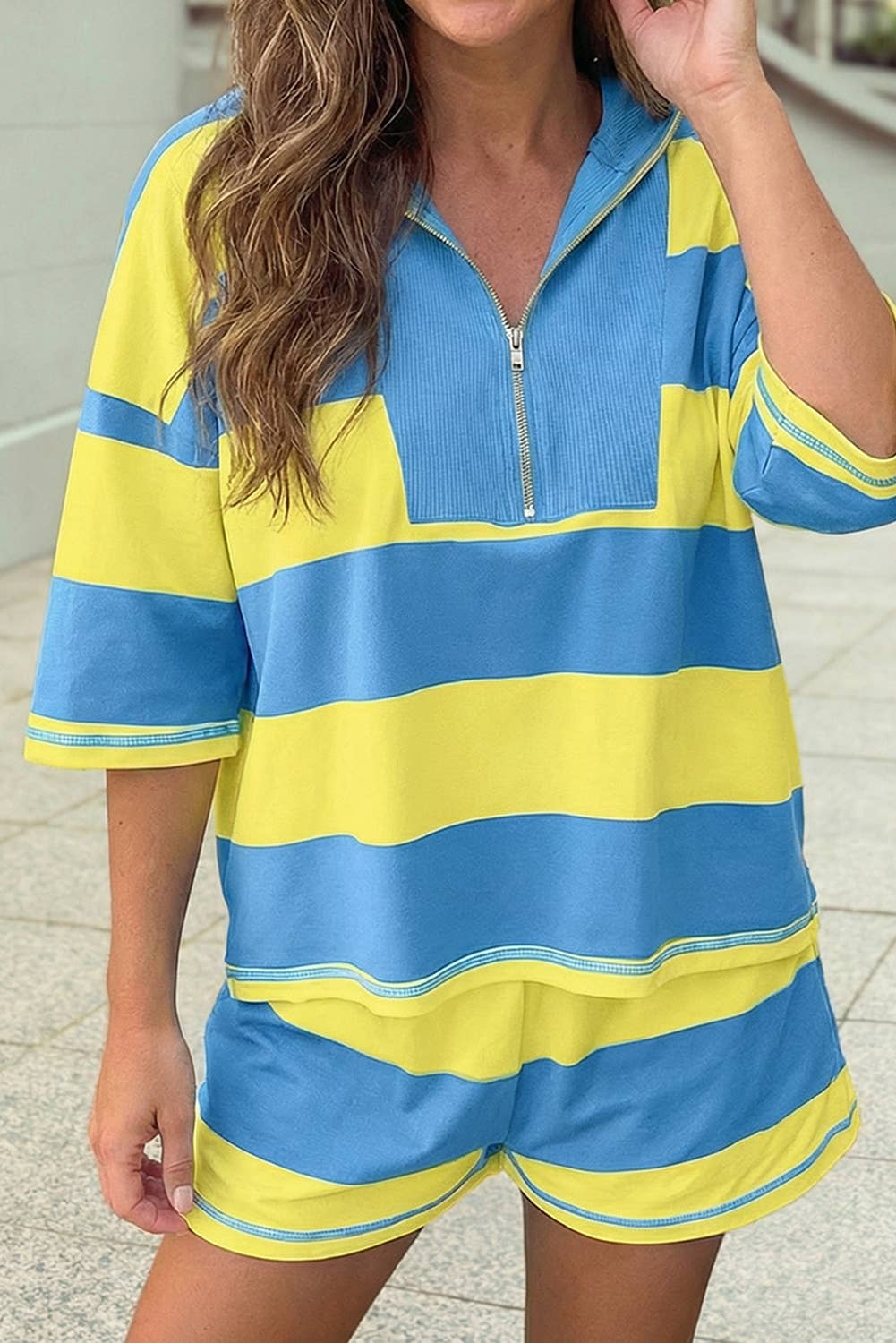 Striped Half Zip Oversize Tee Casual Shorts 2pcs Set | S-4X: Sky Blue Stripe / Plus-2X