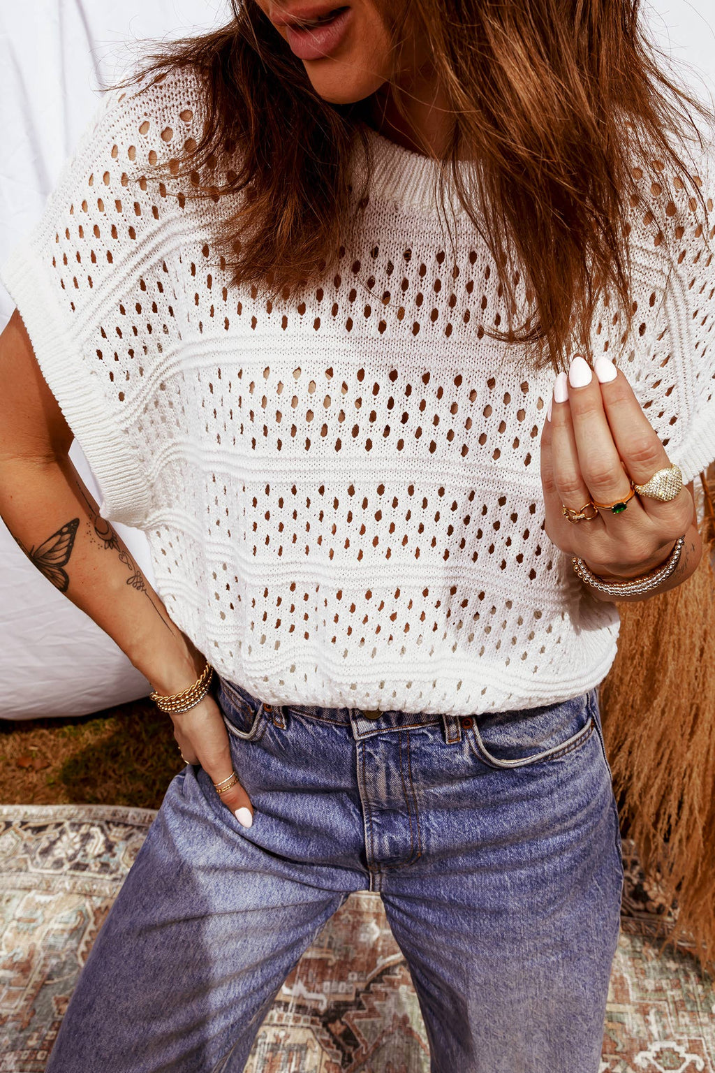 Hollow Out Knit Round Neck Dolman Sweater | S-4X: White / Plus-1X