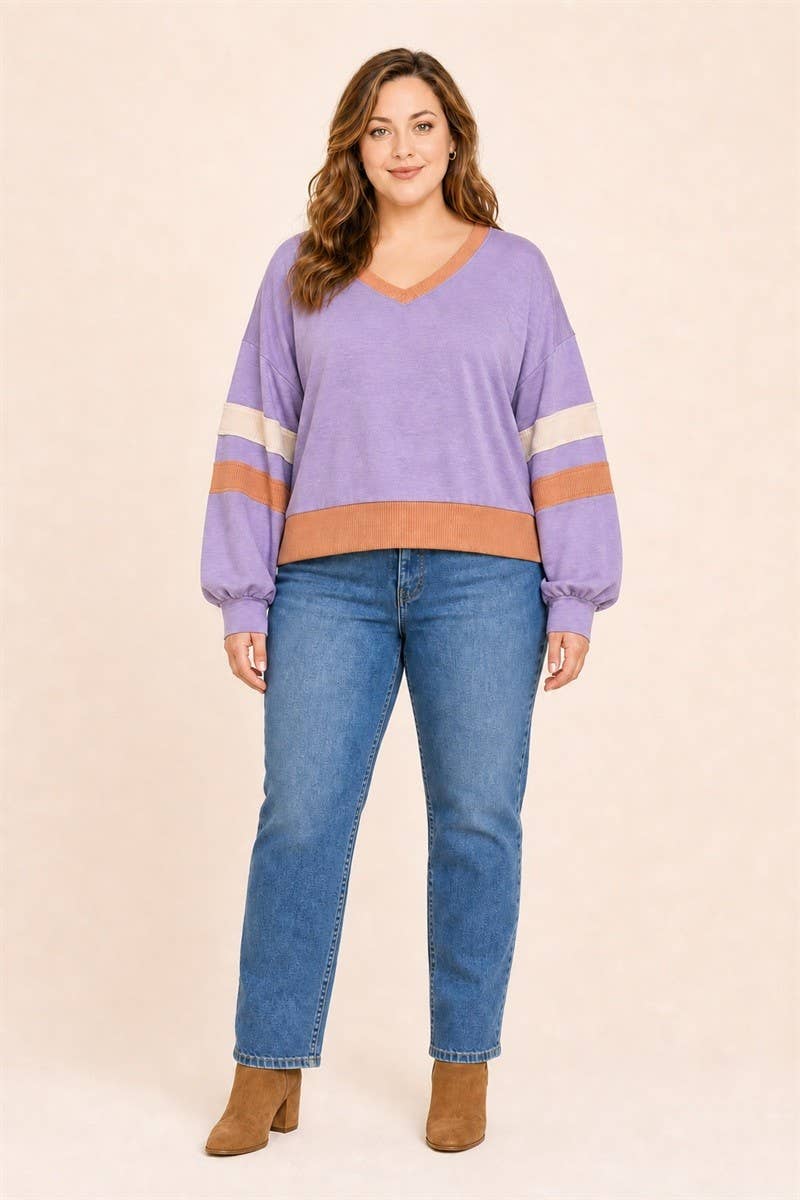 Plus Size Colorblock Stripe V-Neck Knit Pullover: Purple / Plus Size / 2XL