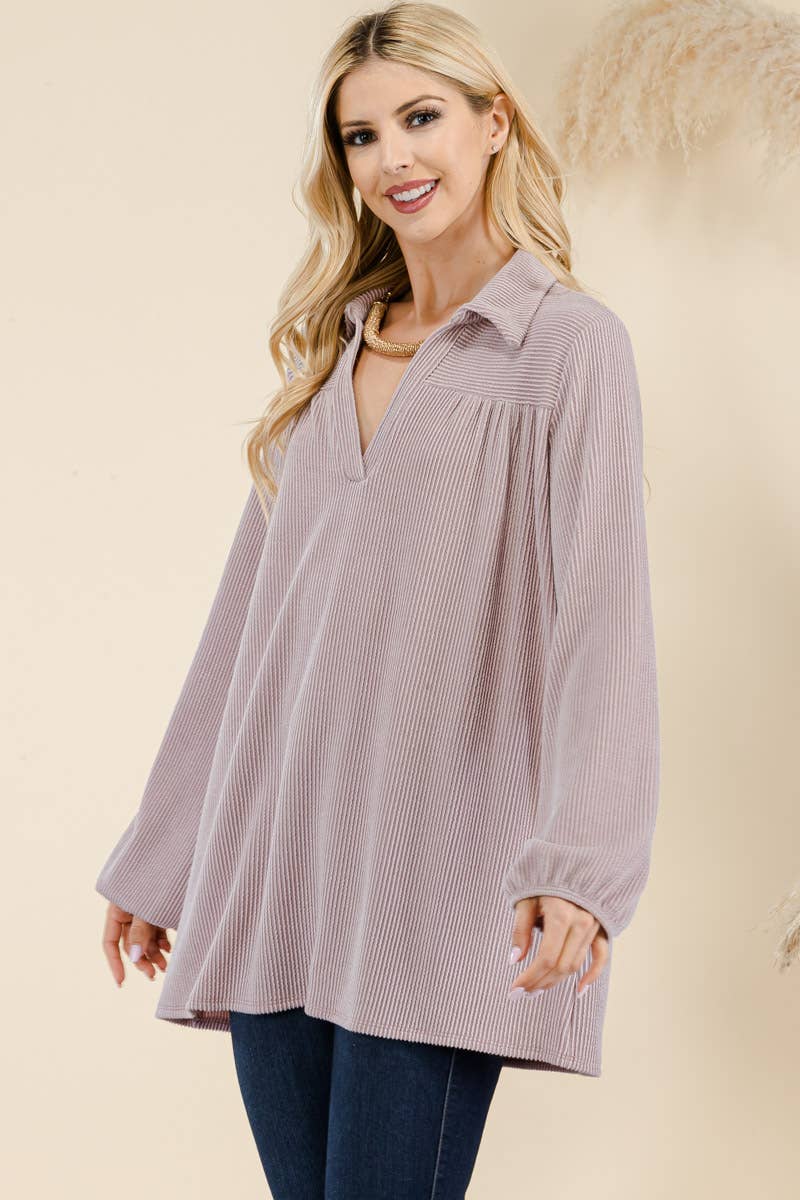 WOMEN'S PLUS SIZE CLASSIC V-NECK  RIB LONG SLEEVE TOP : Green / 3XL