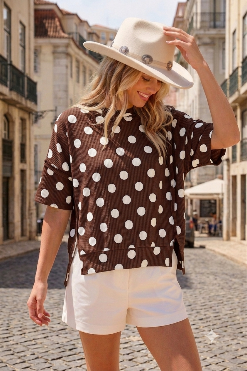 Women’s Plus Polka Dot Rib Top – Relaxed Fit | Made in USA: Burgundy Polka / 1X