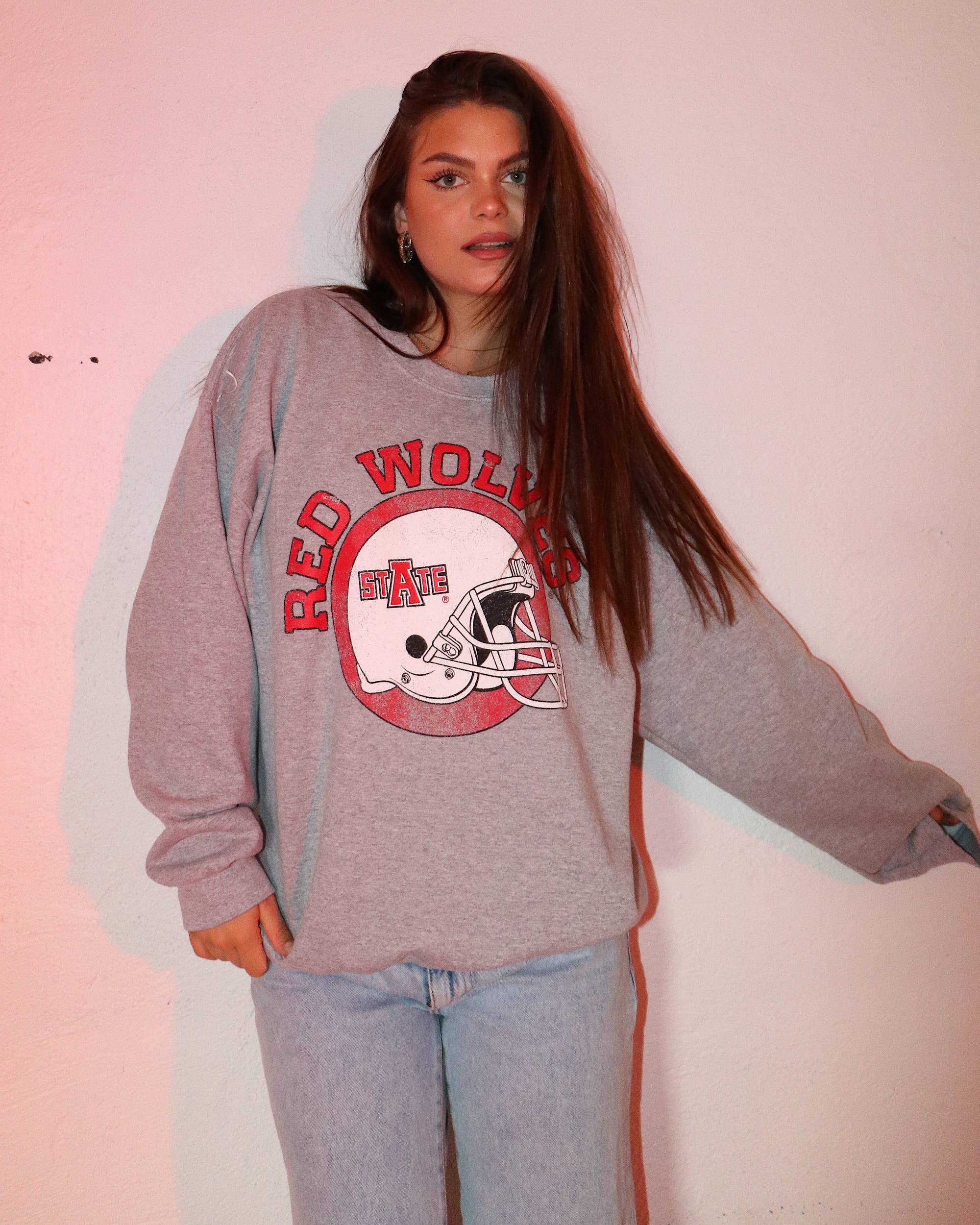 Arkansas State Red Wolves Helmet Circle Thrifted Sweatshirt: 2XL