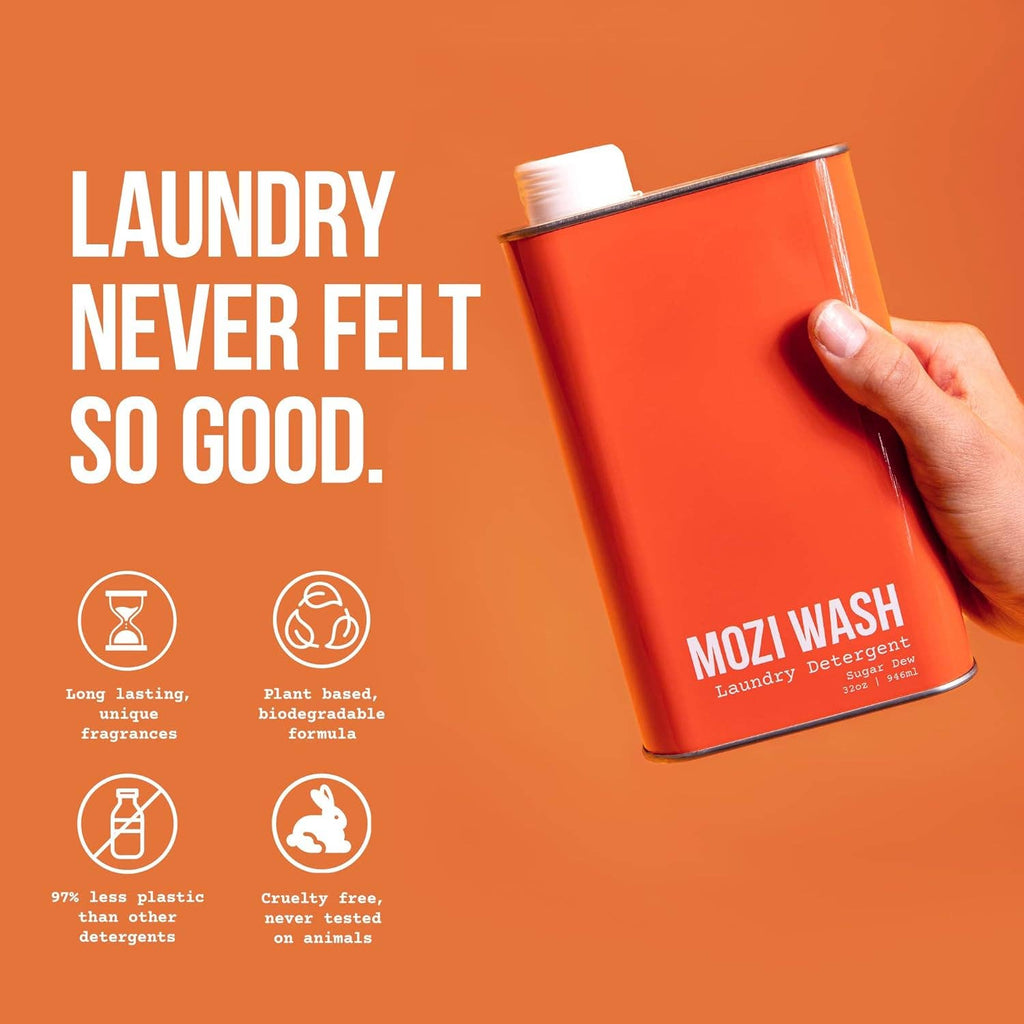 Orange can of Mozi Wash laundry detergent with text on an orange background