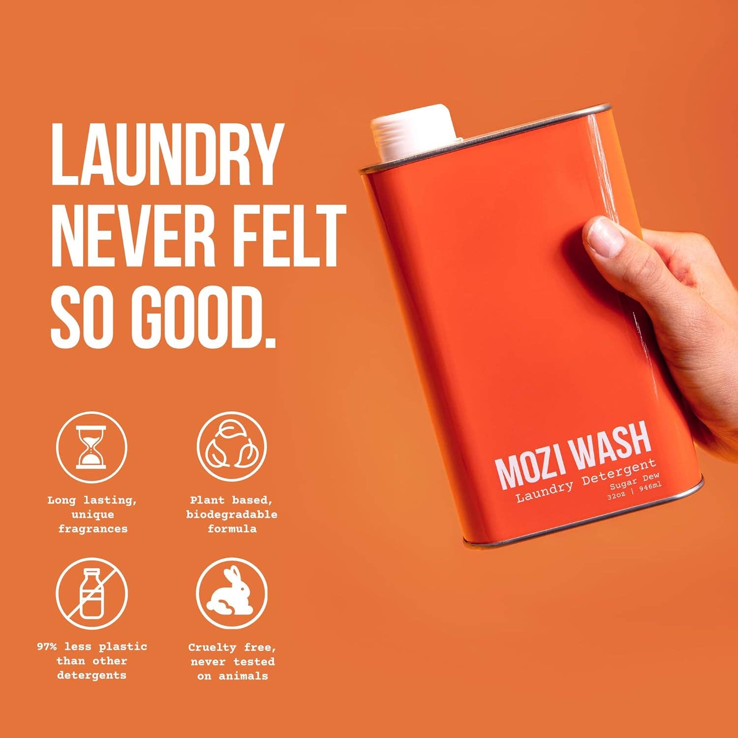 Orange can of Mozi Wash laundry detergent with text on an orange background