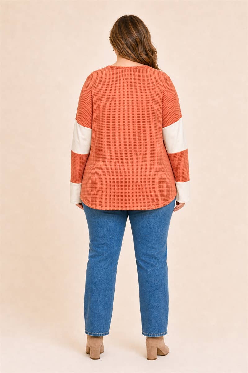 Women's Plus Size Waffle Colorblock Tunic Top : Orange / Plus Size / 3XL