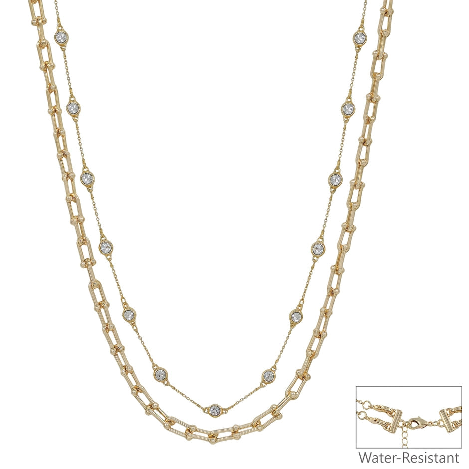 Water Resistant Gold Crystal and Chunky Layered Chain 16"-18" Necklace