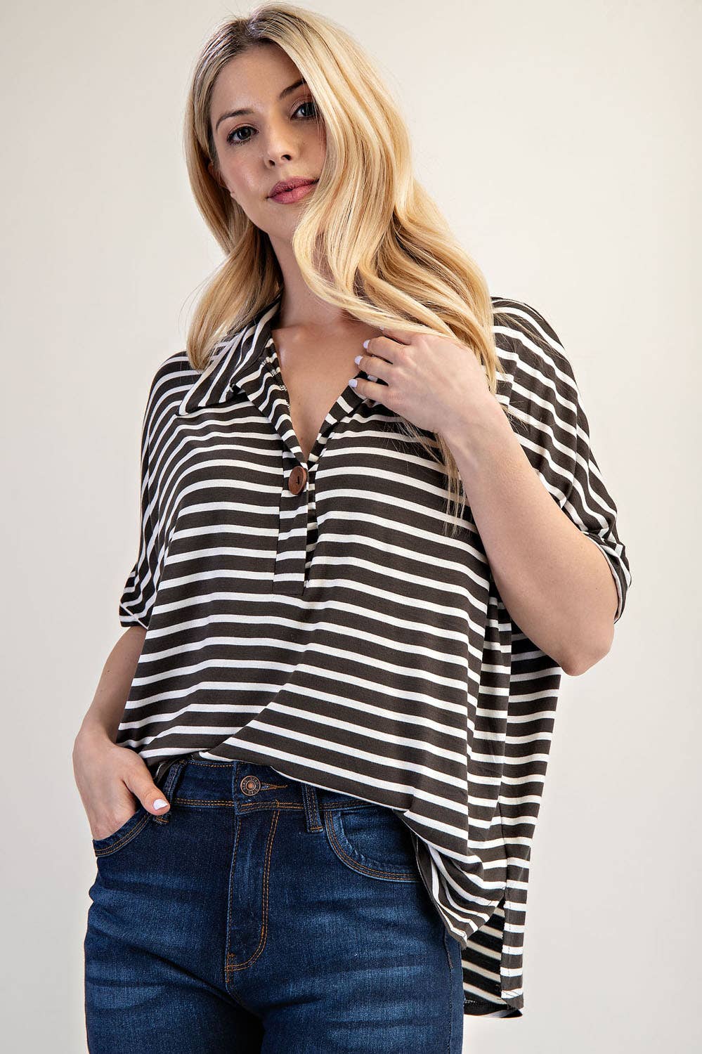PLUS SIZE STRIPED BUTTON-FRONT COLLARED TOP -CT23913A: Charcoal Stripe / 2XL