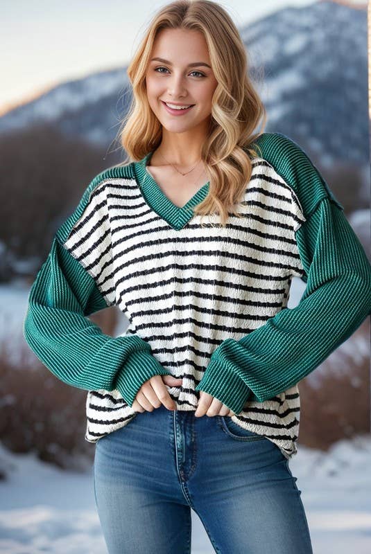 ET7710-10 STRIPE AND SOLID URBAN RIBBED CONTRAST TOP: HUNTER GREEN / 2-2-2 (1X-2X-3X)