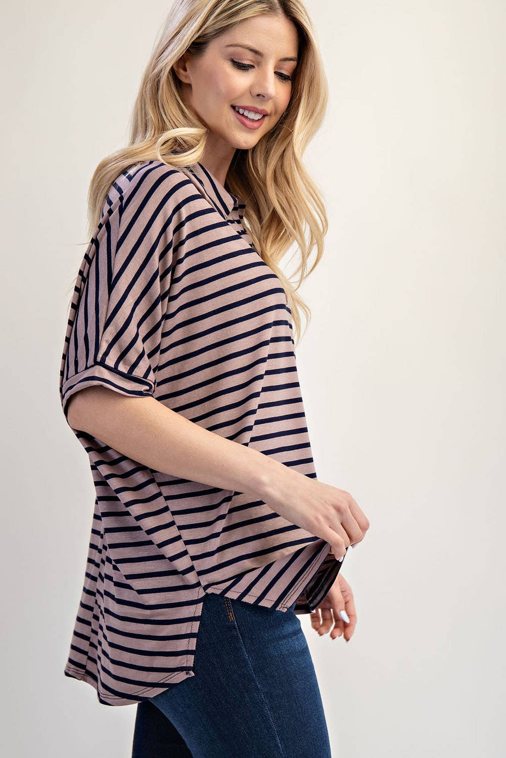 PLUS SIZE STRIPED BUTTON-FRONT COLLARED TOP -CT23913A: Charcoal Stripe / 2XL
