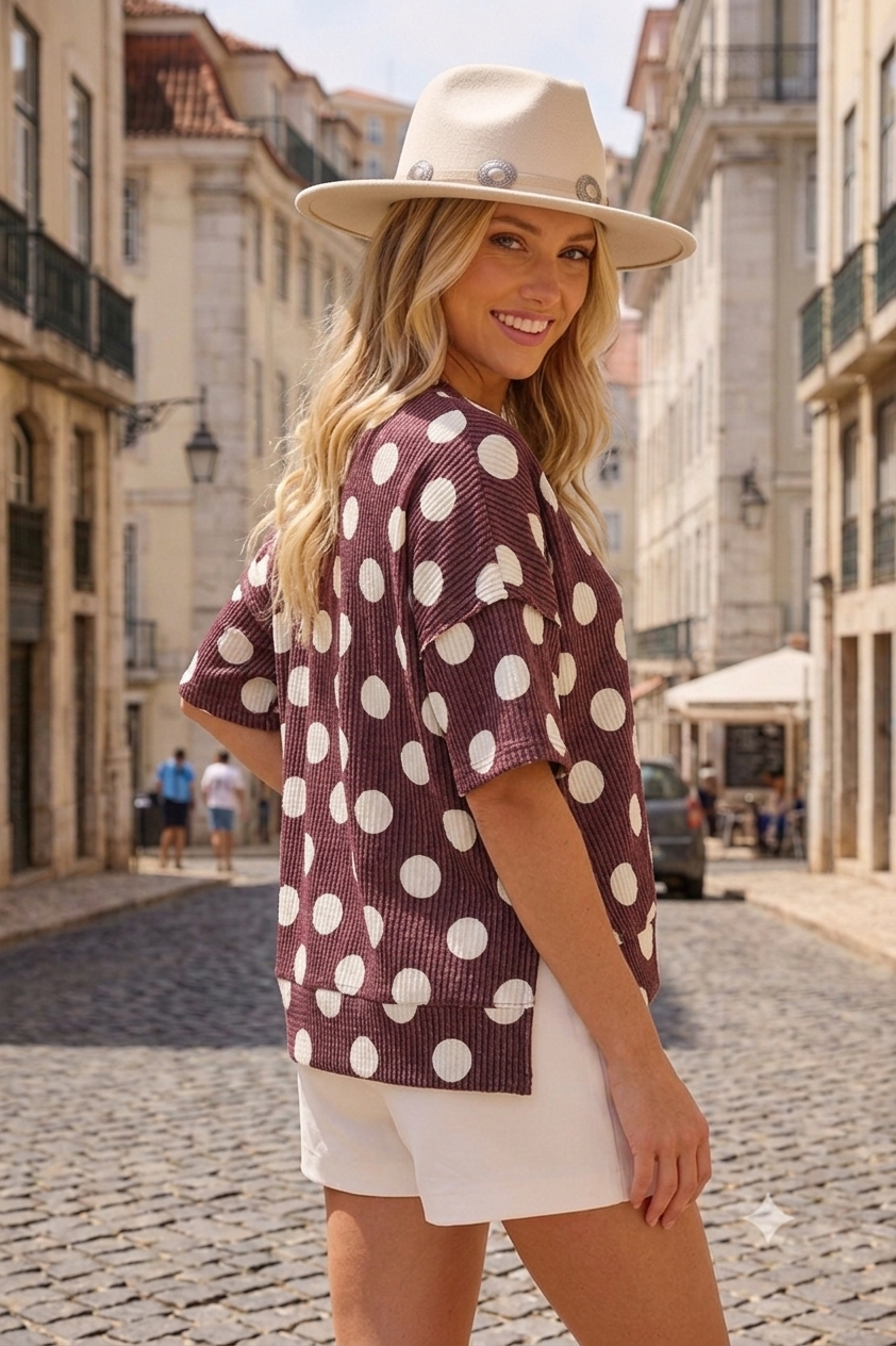 Women’s Plus Polka Dot Rib Top – Relaxed Fit | Made in USA: Burgundy Polka / 1X