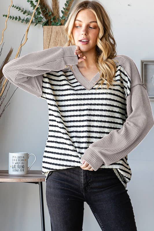 ET7710-10 STRIPE AND SOLID URBAN RIBBED CONTRAST TOP: HUNTER GREEN / 2-2-2 (1X-2X-3X)