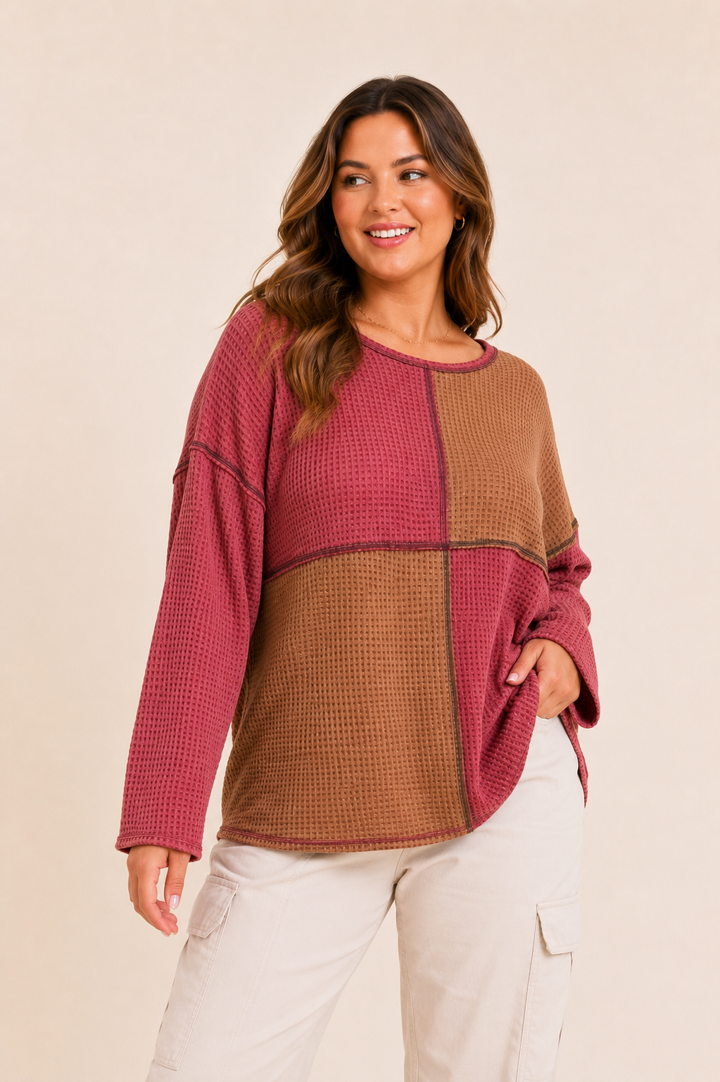 Plus size Color block Waffle Knit Top : BRICK / Plus Size / 2X