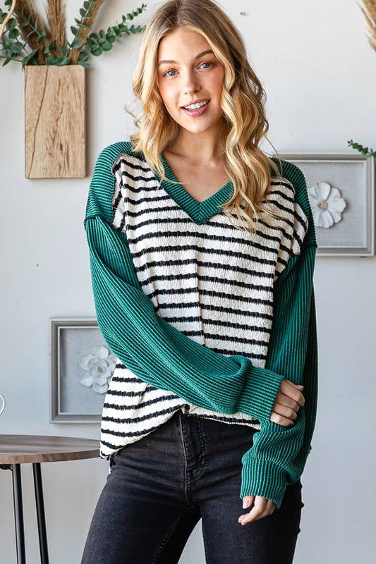 ET7710-10 STRIPE AND SOLID URBAN RIBBED CONTRAST TOP: HUNTER GREEN / 2-2-2 (1X-2X-3X)