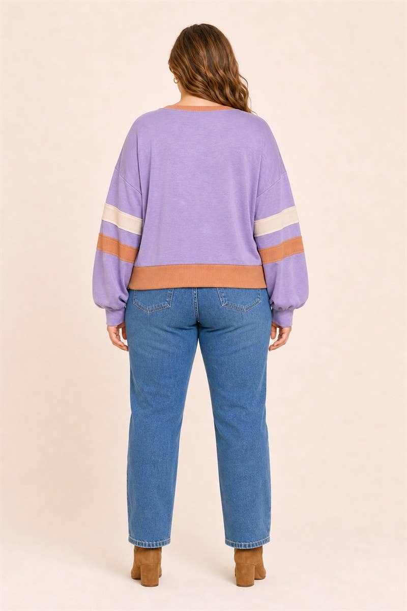 Plus Size Colorblock Stripe V-Neck Knit Pullover: Purple / Plus Size / 2XL