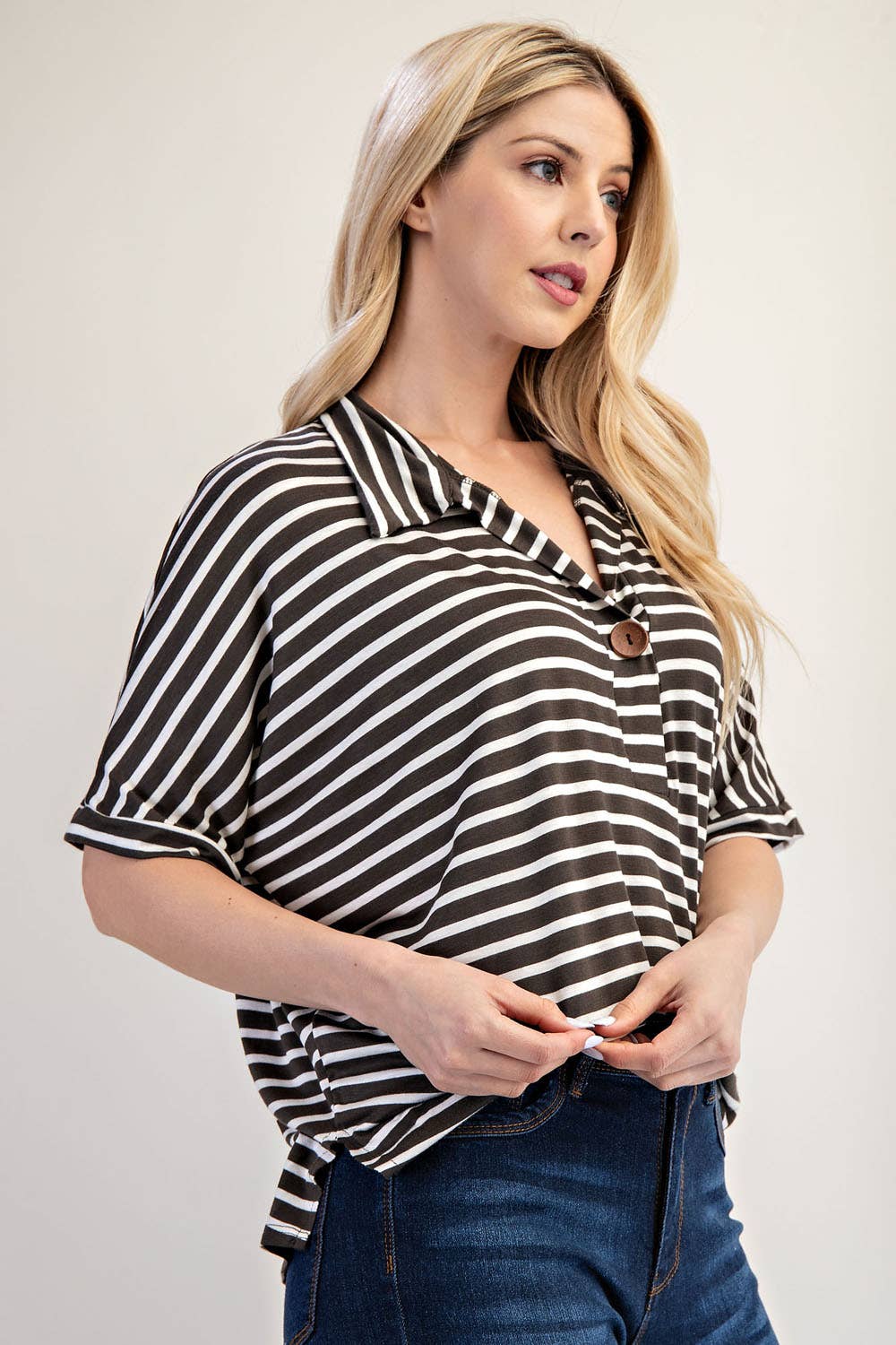 PLUS SIZE STRIPED BUTTON-FRONT COLLARED TOP -CT23913A: Charcoal Stripe / 2XL