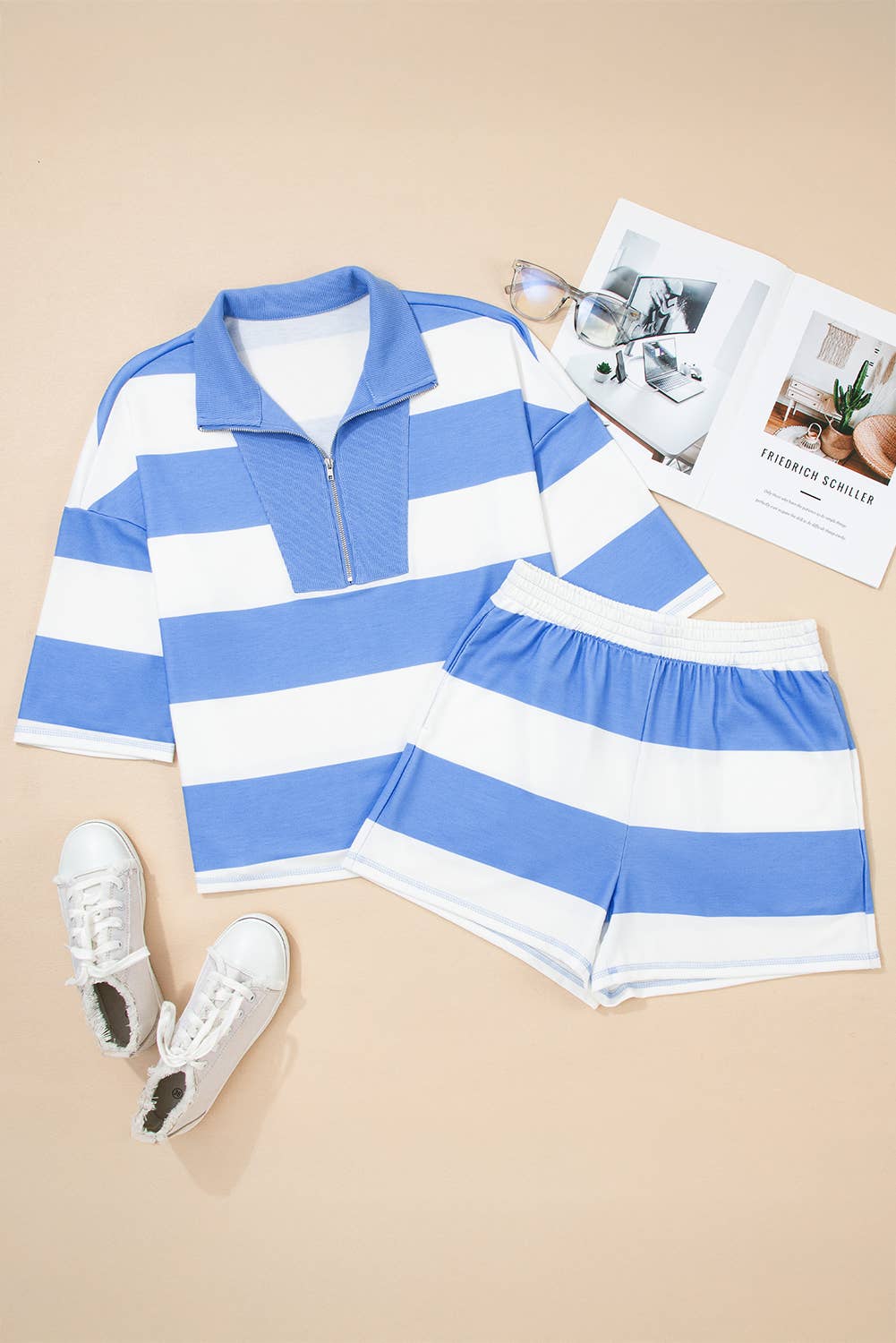 Striped Half Zip Oversize Tee Casual Shorts 2pcs Set | S-4X: Sky Blue Stripe / Plus-4X