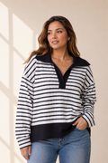 Plus size Striped Knit Polo Pullover with Contrast collar: Black / Plus Size / 3XL