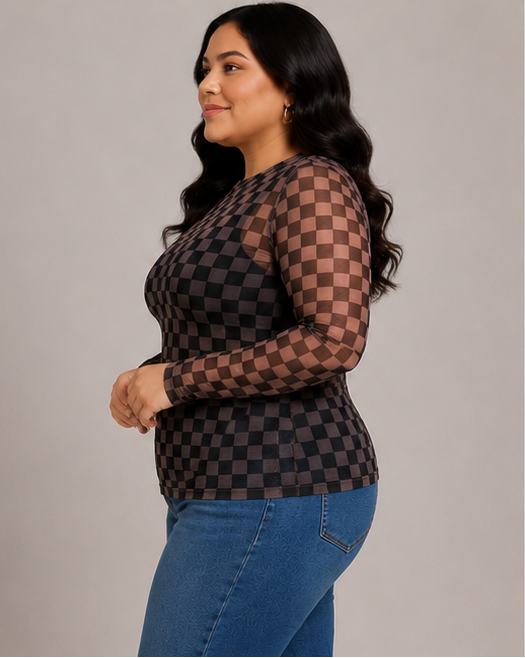 Bella Plus Checkered Print Mesh Crew Neck Long Sleeve Top