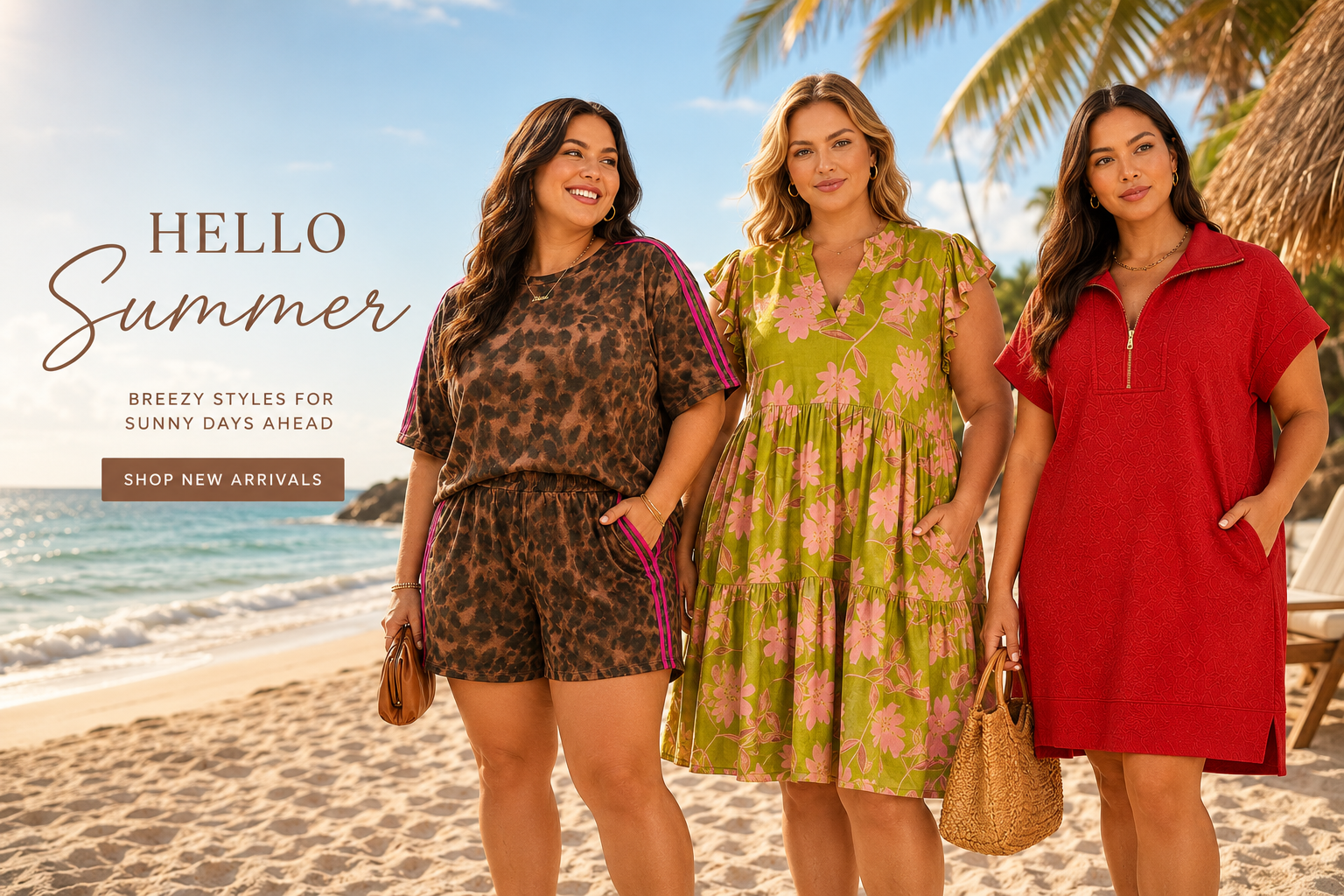 Three women in summer dresses standing on a beach with promotional text overlay.