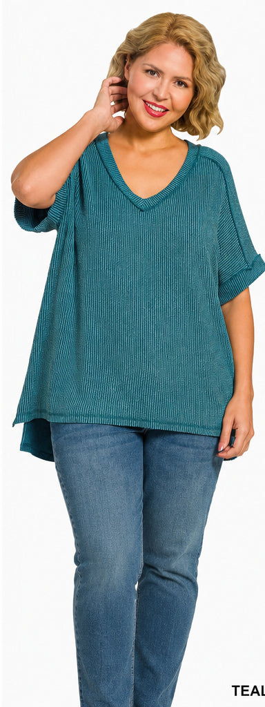 Ruby Raised Rib Hi-Low V-Neck Top